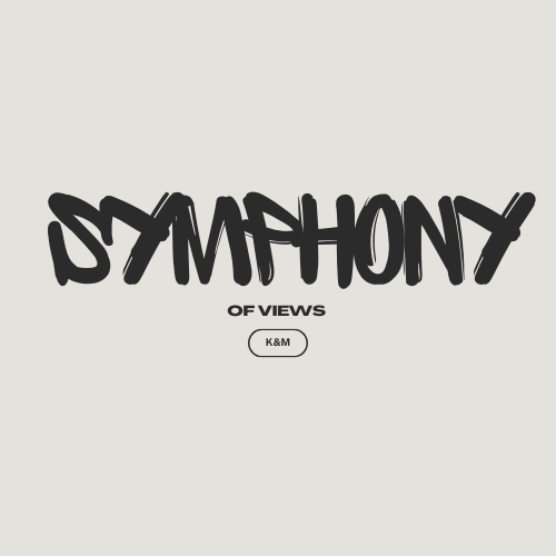 A modern minimalist logo with the word 'SYMPHONY' written in bold, graffiti-style font. Below the main text, there is a smaller phrase that reads 'OF VIEWS,' and beneath that is an oval-shaped button with the text 'K&M.