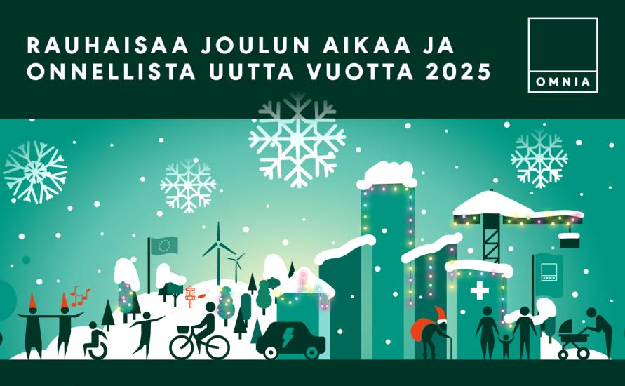 Vihreäsävyisessä talvisessa kuvassa näkyy luminen maisema, jossa hahmot juhlivat, liikkuvat pyörillä ja työntävät lastenvaunuja. Taustalla on tuulimyllyjä, puita ja valaistuja rakennuksia, jotka on koristeltu joulun valoin ja lumella. Taivaalla leijuu suuria lumihiutaleita. Yläreunassa teksti: "Rauhaisaa joulun aikaa ja onnellista uutta vuotta 2025". Oikeassa yläkulmassa on Omnian logo.