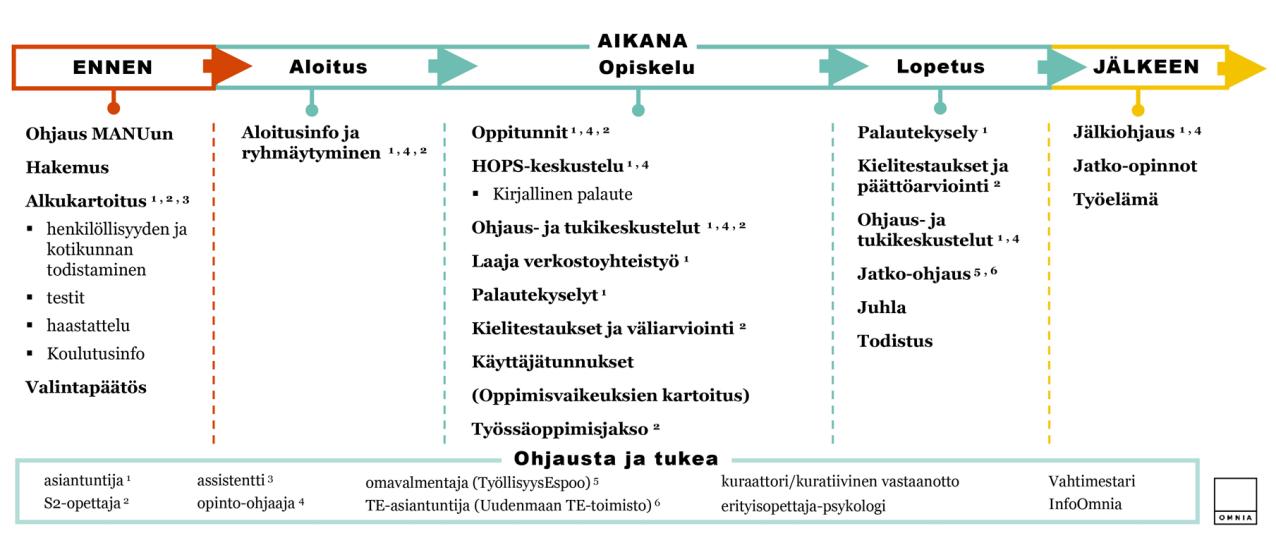 Maahanmuuttajanuorten koulutuksen polku kuvattuna hakeutumisesta koulutuksen loppuun. Kuvio on avattu tarkemmin alla kohdassa "Tietoa maahanmuuttajanuorten koulutuksen polusta".