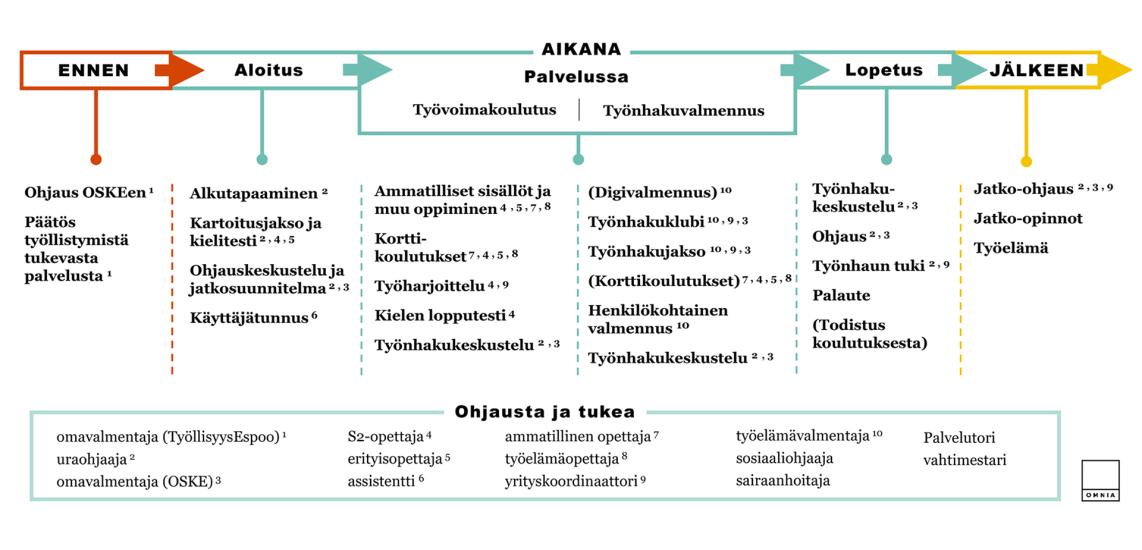 Omnian maahanmuuttajien osaamiskeskuksen palvelupolku kuvattuna opintoihin hakeutumisesta valmistumiseen. Kuvio on avattu tarkemmin alla kohdassa "Tietoa maahanmuuttajien osaamiskeskuksen palvelupolusta".